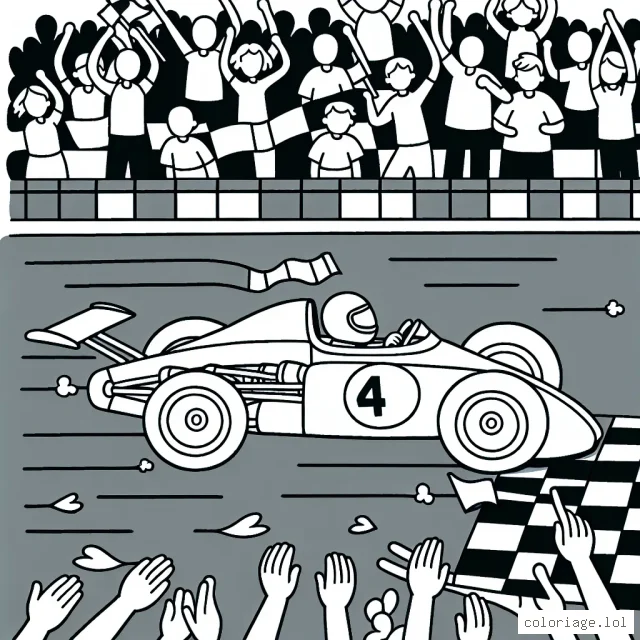 Dessine une voiture de course bondissant sur la ligne d'arrivée avec une foule applaudissant en arrière-plan.
