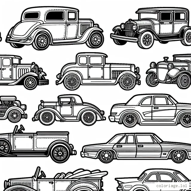Dessin détaillé d'une variété de voitures classées par marque pour colorer