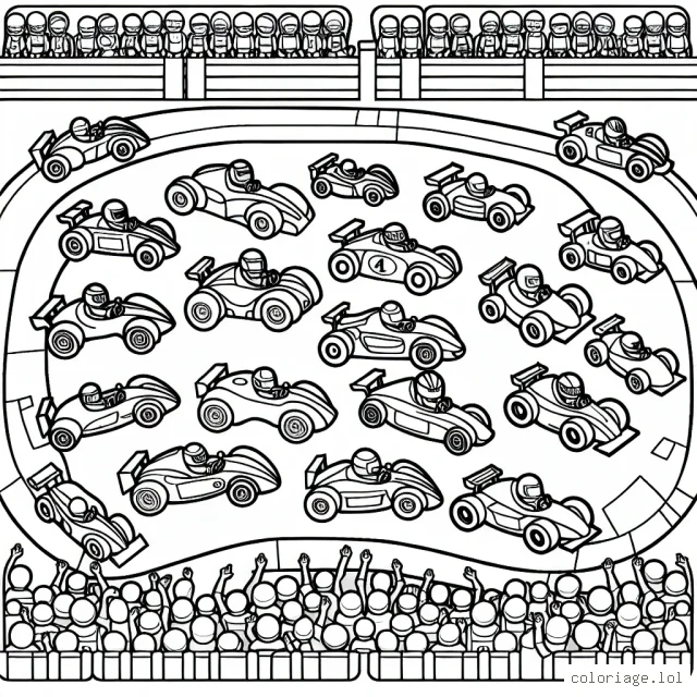 Un circuit automobile bondé de voitures de course colorées, avec des pilotes à l'intérieur, prêts à démarrer la course