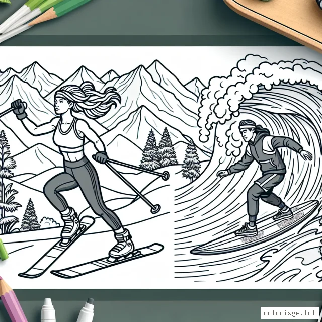 Un athlète fait du ski freestyle dans les montagnes tandis qu'un autre fait du surf sur des vagues énormes. À l'arrière-plan, il y a un parc de skate où des amateurs de skateboard font des figures audacieuses.