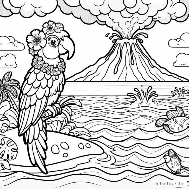 Sur une petite île tropicale, un perroquet coloré est perché sur une branche avec un collier de fleurs. En arrière-plan, il y a un volcan en éruption avec de la lave coulant dans la mer. Des poissons sautent par-dessus les vagues près du rivage.