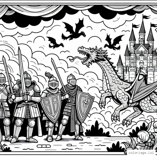 Une scène épique de chevaliers dans un château médiéval prêts à défendre leur royaume contre un dragon cracheur de feu.