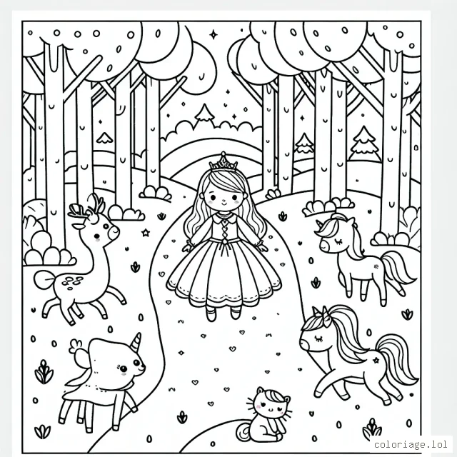 Une petite princesse qui se promène dans une forêt enchantée avec ses amis les animaux