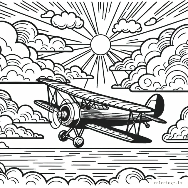 Illustration détaillée d'un avion vintage volant à travers un ciel pommelé de nuages, avec en arrière-plan, un lever de soleil.