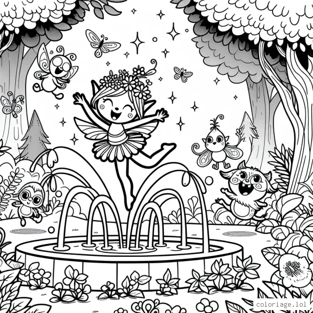 Dans un jardin exhubérant, un lutin espiègle danse autour d'une fontaine magique, tandis que drôles de créatures de la forêt regardent en riant.