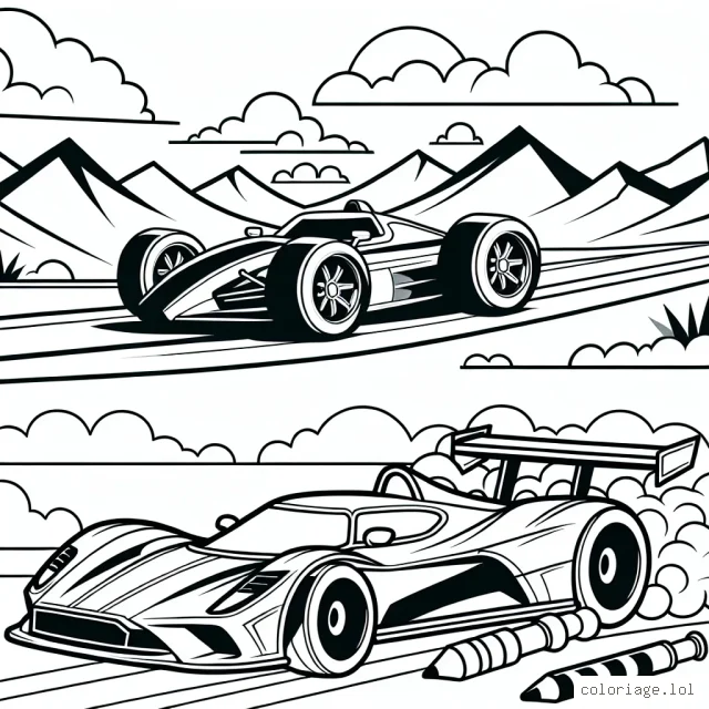 Dessine une voiture de sport sportive fuselée zoomant dans le désert avec des montagnes en arrière-plan.