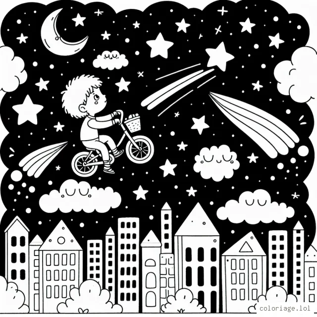 Un petit garçon chevauche son vélo magique au-dessus d'une ville illuminée, entouré d'étoiles filantes et de nuages fantaisistes.
