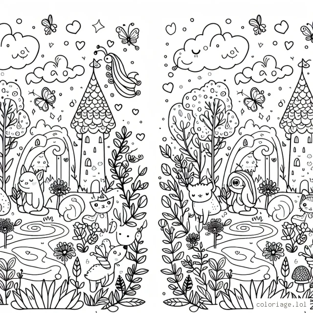Un jardin enchanté avec des créatures magiques amusantes