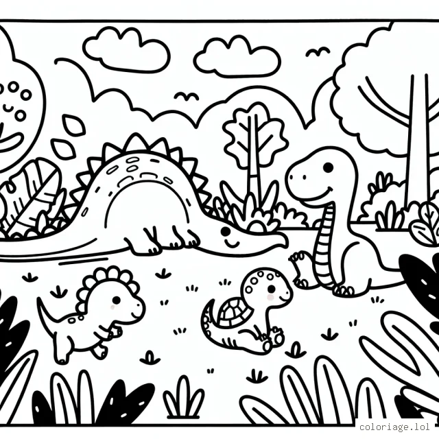 Un gentil dinosaure qui joue à cache-cache dans la jungle avec ses amis les animaux