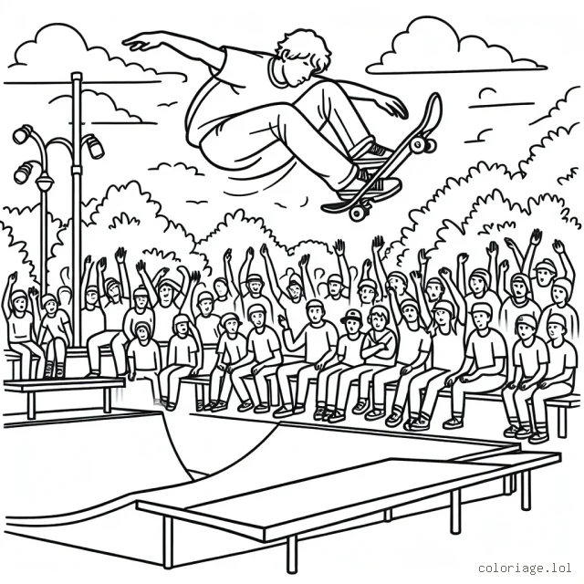 Dessine un skateur exécutant une figure acrobatique exceptionnelle dans un parc de skate, avec des fans ébahis le regardant depuis la marge.