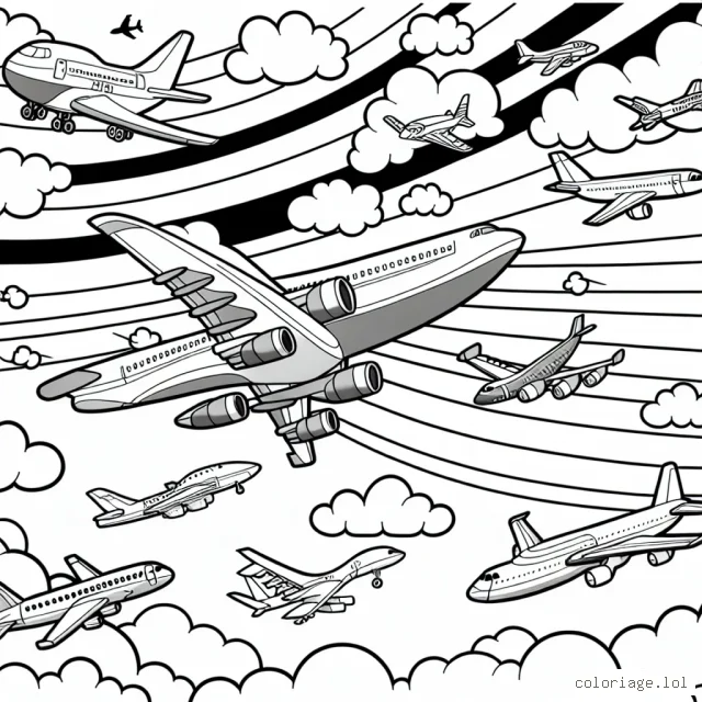 Pourquoi ne pas colorier des avions excitants volant haut dans le ciel s'étendant jusqu'à l'horizon ? Dessinez toutes sortes d'avions, des petits avions privés aux grands avions de passagers, et même des avions de chasse super rapides. N'oubliez pas de donner à votre ciel de magnifiques couleurs !