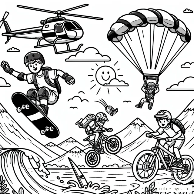 Un jeune casse-cou essaye plusieurs sports extrêmes avec son équipement de sécurité. Skater dans une demi-lune gigantesque, faire du parachute depuis un hélicoptère dans le ciel, descendre rapidement en VTT sur des montagnes escarpées et surfer sur de grosses vagues. À l'arrière-plan, on voit des montagnes, un océan, un soleil brillant et un hélicoptère.