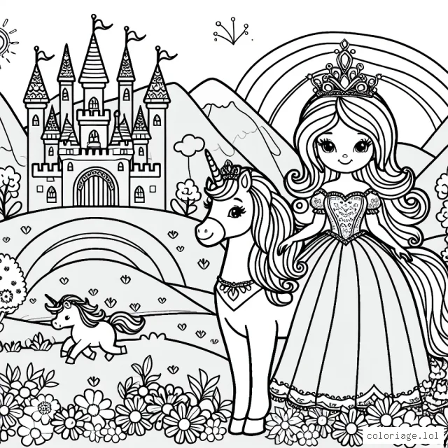 Dans un royaume lointain se trouve une jolie princesse au grand cœur. Elle a un majestueux château, un beau cheval licorne et un jardin plein de fleurs multicolores. Elle porte un diadème éblouissant et une robe éclatante.