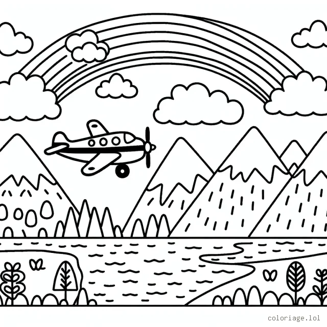 Un groupe d'avions volant au-dessus d'un paysage montagneux avec un arc-en-ciel