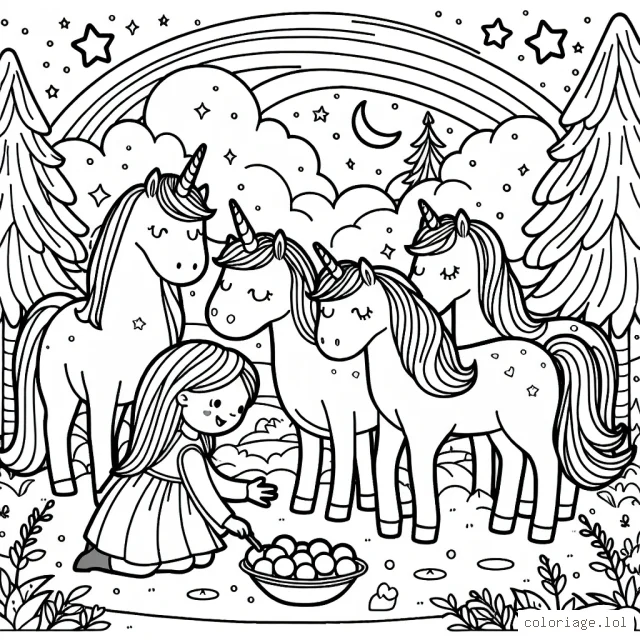 Une petite fille donnant à manger à un groupe de licornes multicolores dans un paysage enchanté