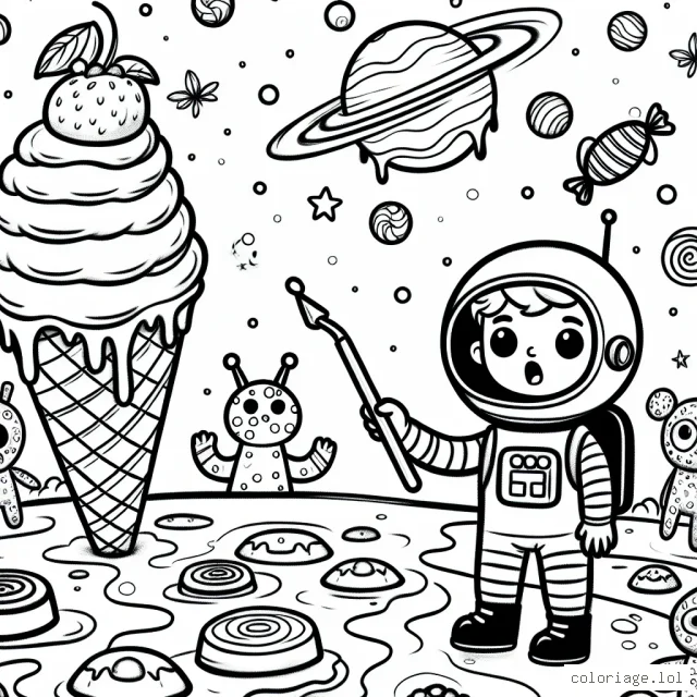 Un jeune astronaute s'aventure sur une planète complètement couverte de crème glacée et rencontre des extraterrestres faits de bonbons et chocolat