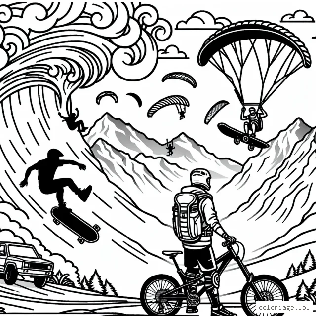 Un athlète prêt à descendre une pente abrupte sur son vélo de montagne, juste en face de lui une planche de skate virevolte dans les airs, alors qu'un surfeur domine une vague géante en arrière-plan. Dans le ciel, parapentistes et base-jumpers volent proches des montagnes enneigées.