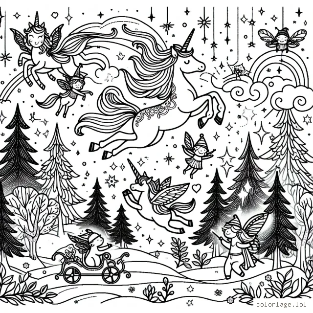 Imagine un monde fantastique plein de licornes volantes, de fées scintillantes et de joyeux lutins gambadant dans la forêt. Dessine ce monde féérique en utilisant les couleurs les plus joyeuses et éclatantes que tu peux imaginer.