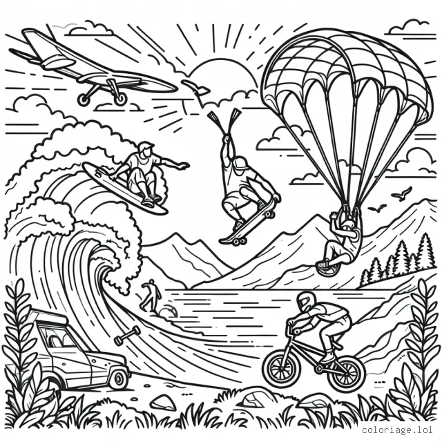 Dans ce dessin, il y a 5 sportifs, un sur une planche de surf attrapant une vague haute, un autre faisant du skate sur la rampe, un sur un vélo BMX sautant de haut en bas, un autre en train de paraglider dans le ciel dégagé et le dernier faisant du saut à l'élastique à partir d'une montagne élevée. L'arrière-plan comprend le soleil, les arbres et les montagnes.