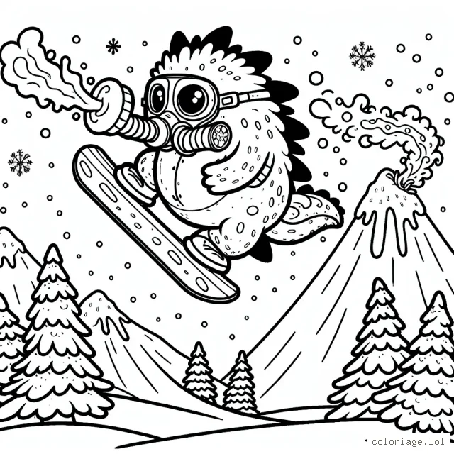 Dessine un monstre amical sur une planche à neige en plein saut par-dessus une montagne enneigée, avec un respirateur de dragon crachant du feu pour la vitesse.