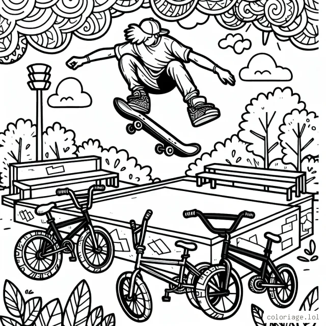 Un skateur effectuant un impressionnant saut par-dessus trois vélos, positionnés à la verticale, dans un skate park urbain rempli de graffitis.