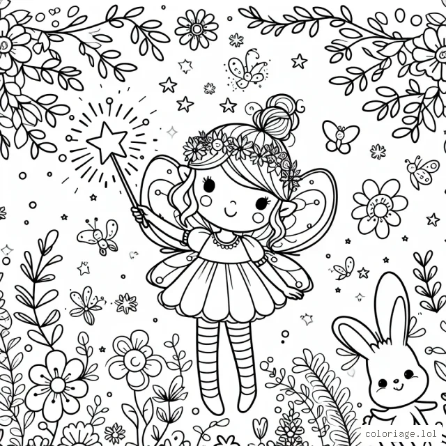 Une petite fée avec une baguette magique dans un jardin enchanté, entourée de fleurs et de petits animaux mignons