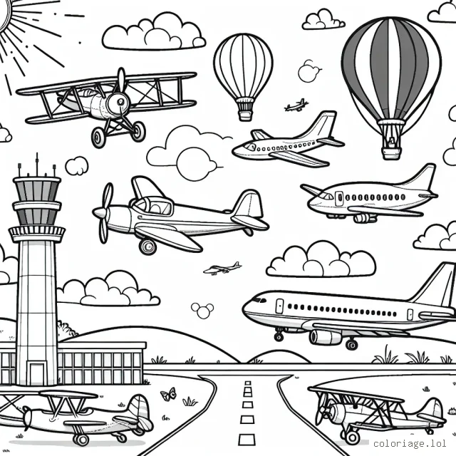C'est une belle journée ensoleillée à l'aéroport plein de divers types d'avions, des biplans classiques, des avions de passagers modernes, des avions de chasse rapides et même une montgolfière paisible. Il y a aussi un contrôle de la circulation aérienne dans le fond.