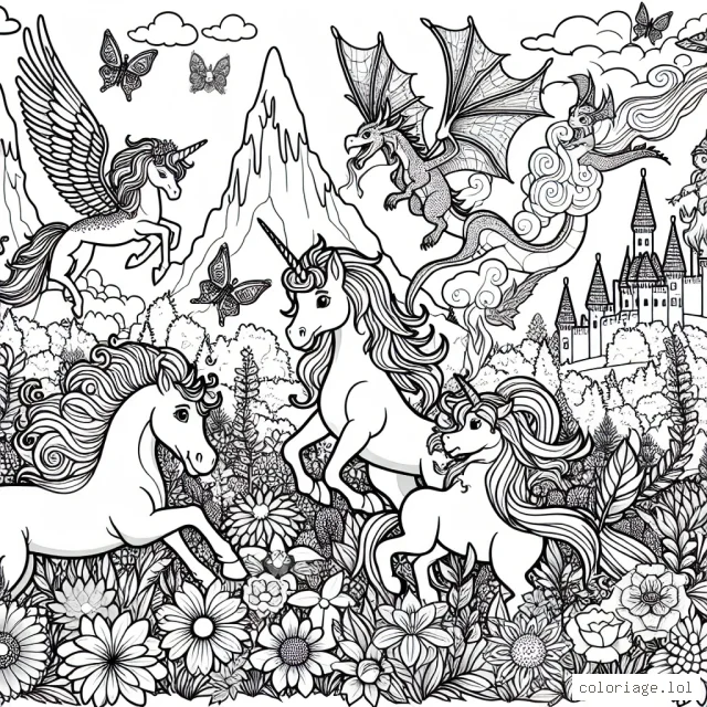 Imagine un merveilleux jardin enchanté peuplé d'animaux fantastiques et magiques. Tu peux voir des licornes majestueuses, des fées qui virevoltent autour des fleurs et des dragons qui crachent des flammes de toutes les couleurs. Il y a aussi un château en arrière-plan, niché au sommet de la montagne la plus haute. Met ton imagination à l'œuvre pour donner vie à ce paysage fantastique.