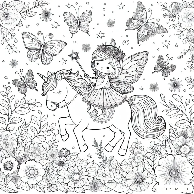 Une petite fée magique avec sa baguette enchantée chevauchant un licorne dans un jardin fleuri merveilleux, entourée d'une myriade de papillons colorés.