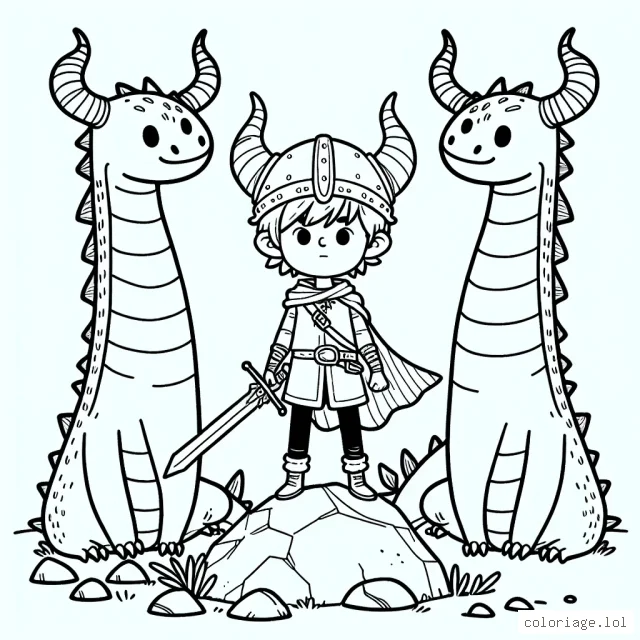 Un jeune garçon, coiffé d'un casque à cornes, se tient au sommet d'un rocher avec son épée, encadré par trois grands dragons affables de différentes formes et tailles.