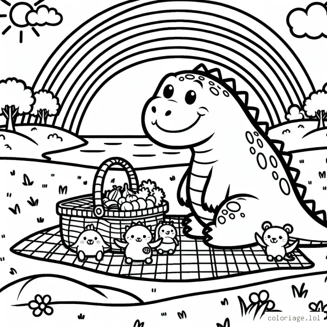 Imagine et colorie un grand dinosaure amical qui fait un pique-nique au bord d'une rivière avec ses amis ! N'oublie pas de décorer le panier de pique-nique et d'ajouter de belles couleurs à l'arc-en-ciel dans le ciel.