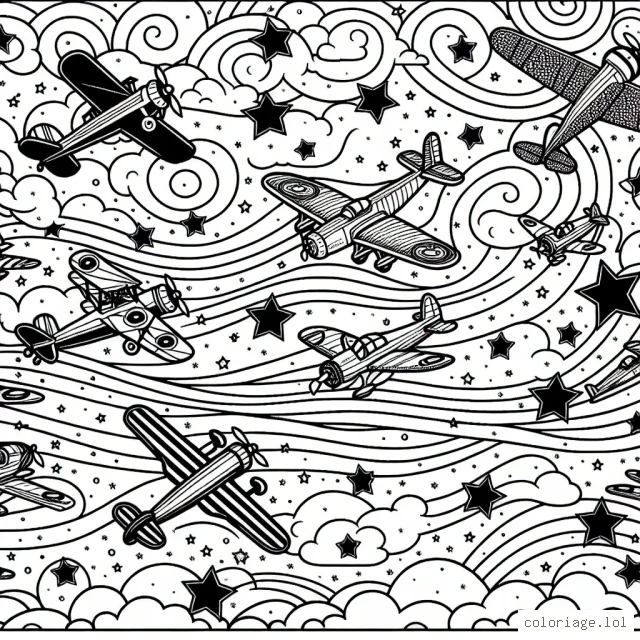 Imagine un ciel azur éblouissant, une légion d'avions anciens et modernes dansent dans ce ciel, chacun avec ses propres détails uniques. À toi de donner vie à ce ciel rempli d'avions avec tes couleurs préférées !