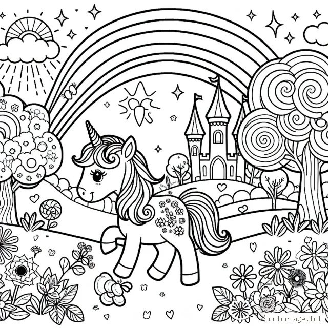 Une jolie licorne se promène dans un jardin fantastique rempli de fleurs étonnantes, d'arbres aux bonbons et d'un arc-en-ciel brillant. À côté de la licorne, il y a un petit papillon qui l'accompagne dans sa promenade. Pour rendre cette scène plus intéressante, il y a également un château féerique à l'arrière-plan.