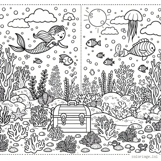 Magnifique environnement sous-marin regorgeant de poissons colorés, coraux vibrants, une sirène amicale et un trésor caché qui attend d'être découvert.