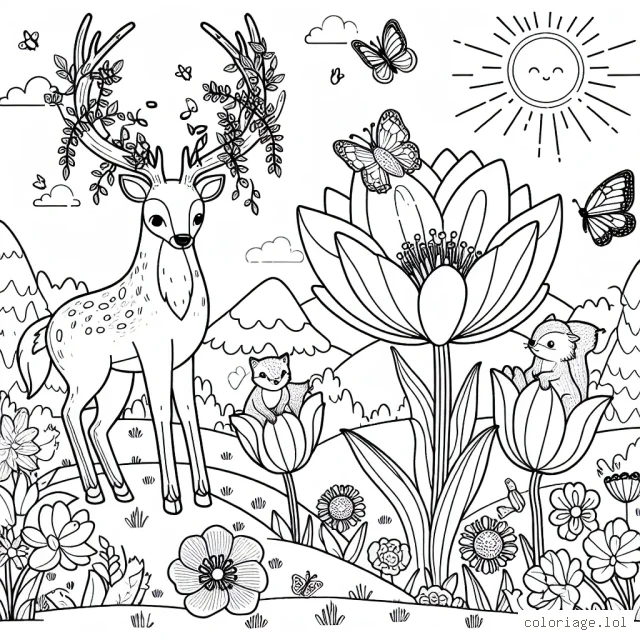 Imagine un monde féerique de fleurs géantes où les animaux de la forêt vivent en harmonie. Il y a un grand cerf avec des bois ornés de lianes, un renard rusé qui joue avec des papillons, un lapin qui saute d'une fleur à l'autre et un écureuil grimpant sur les tiges des tulipes gigantesques. N'oublie pas le soleil radieux et les papillons colorés qui volent partout dans ce merveilleux paysage!