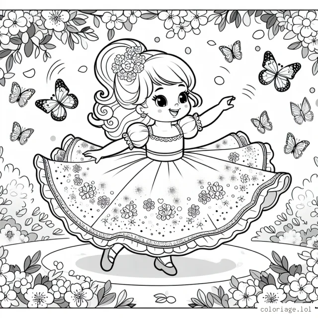 Imagine une petite princesse à la robe virevoltante qui danse joyeusement dans un jardin florissant entouré de papillons chatoyants.