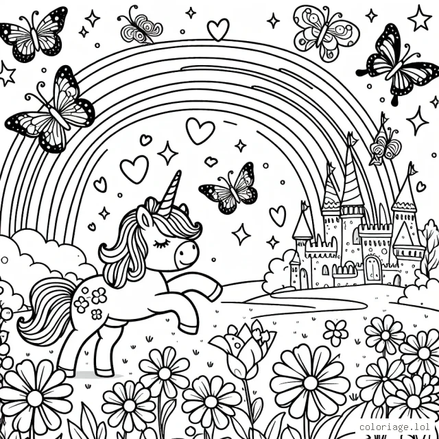Dans un monde féerique, sous un grand arc-en-ciel, une petite licorne joue avec des papillons multicolores. Les fleurs aux mille couleurs éclaboussent le paysage, et au loin, un château resplendissant de paillettes trône sous un ciel étoilé.