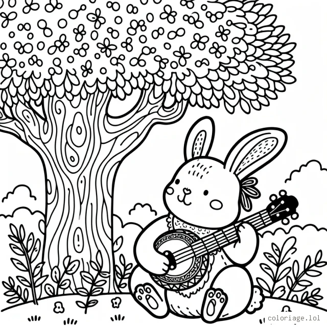 Un doux lapin jouant du banjo sous un arbre enchanté