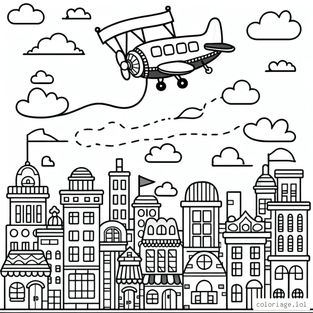 Dessine un avion tenant une banderole dans le ciel au-dessus d'une cité animée