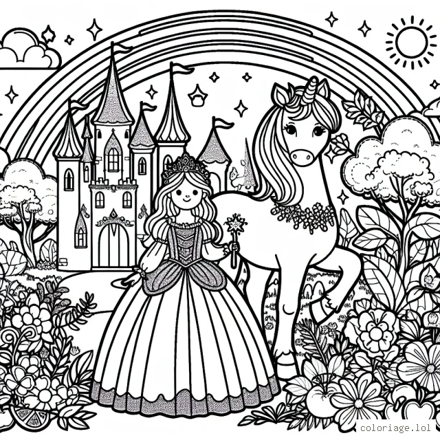 Une princesse vêtue d'une robe longue et brillante, tenant une baguette magique étincelante, se tient à côté d'une licorne géante avec de doux regards. Derrière elles, un château enchanteur entouré de fleurs colorées et d'arbres fruitiers luxuriants, et un arc-en-ciel qui traverse le ciel.