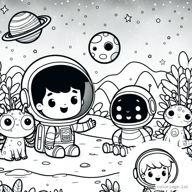 Sur une planète verdoyante, un petit garçon astronaute rencontre des créatures amicales