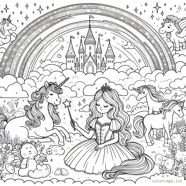 Un monde féérique peuplé de licornes, de farfadets joyeux, de magnifiques arcs-en-ciel et des châteaux enchantés parmi les nuages flottants. Au centre, une princesse douce et courageuse tenant une baguette magique scintillante avec une étoile à son sommet.