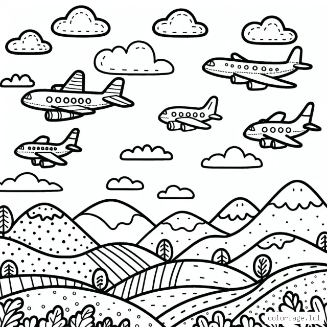 Un convoi d'avions survolant divers paysages