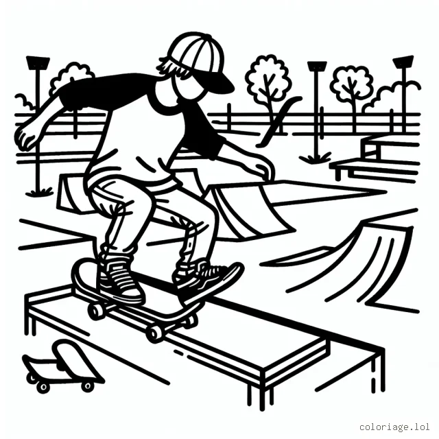 Dessine un skateur en pleine action dans un skate park avec différents obstacles comme rampes, rails et half-pipes.