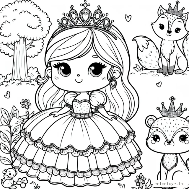 Une petite princesse aux longs cheveux blonds porte une magnifique robe bouffante avec un diadème étincelant. Elle est entourée de ses amis les animaux de la forêt, qui portent également de petits accessoires royaux.