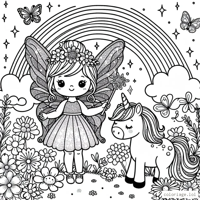 Une petite fée mignonne avec de grandes ailes étincelantes flotte au-dessus d'un champ de fleurs multicolores. Elle porte une robe effet paillettes et tient une baguette magique d'où émanent des étoiles scintillantes. Une licorne avec une crinière colorée se tient à proximité, en train de manger des fleurs. Un arc-en-ciel éclatant se détache dans le ciel au-dessus.