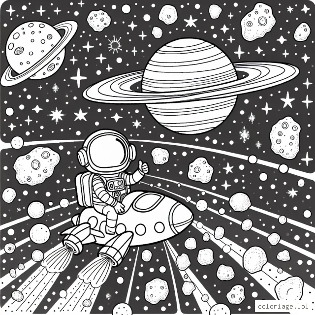 Un jeune astronaut avec son vaisseau spatial traversant un champ de météorites coloré dans l'espace intersidéral. À l'arrière-plan, une énorme planète aux anneaux vibrants de couleurs et une constellation de étoiles lumineuses.