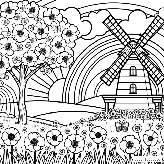 Un paysage de campagne printanier avec des cerisiers en fleurs, entouré par un champ de coquelicots, un arc-en-ciel et un moulin à vent.