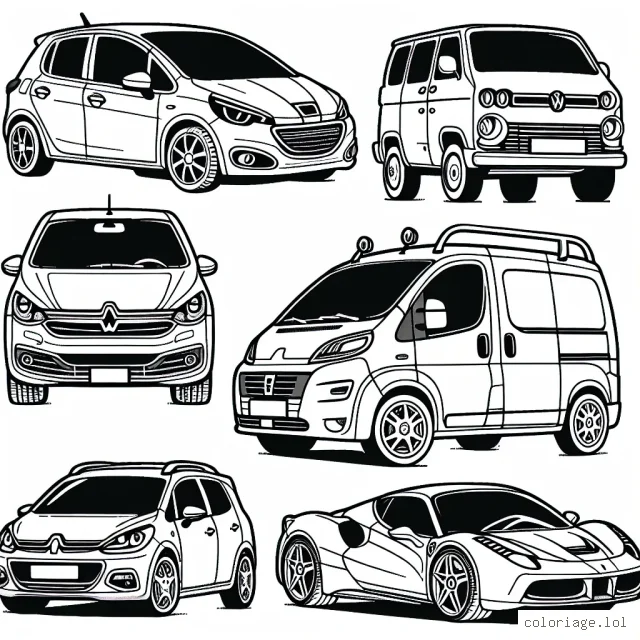 Dessinez les voitures emblématiques des grandes marques de l'automobile ! De la peugeot 208 à la Renault Clio, en passant par le Volkswagen Combi ou encore la Ferrari 488. Essayez de les reconnaître toutes et de les colorier en respectant leurs couleurs originales.