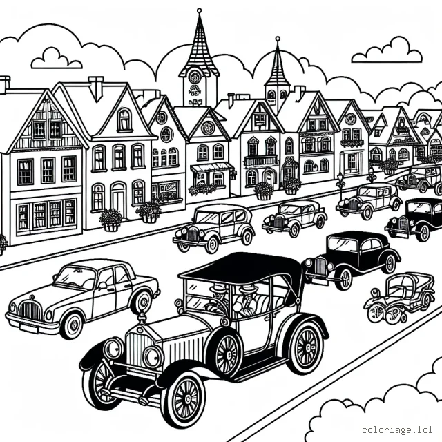 Un cortège de voitures vintage traversant une petite ville pittoresque